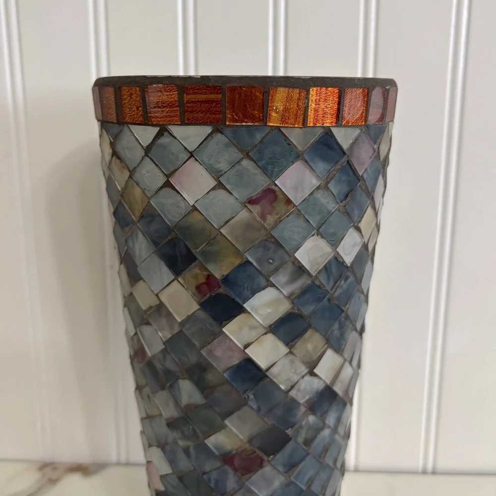 Three Hands Corp Art Glass Mosaic Tile Vase Gray Bronze Warm Tone Candle Glow